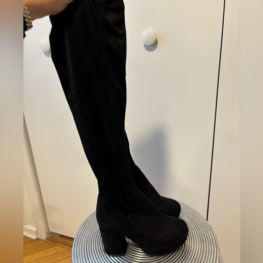 Black knee high suede platform heels